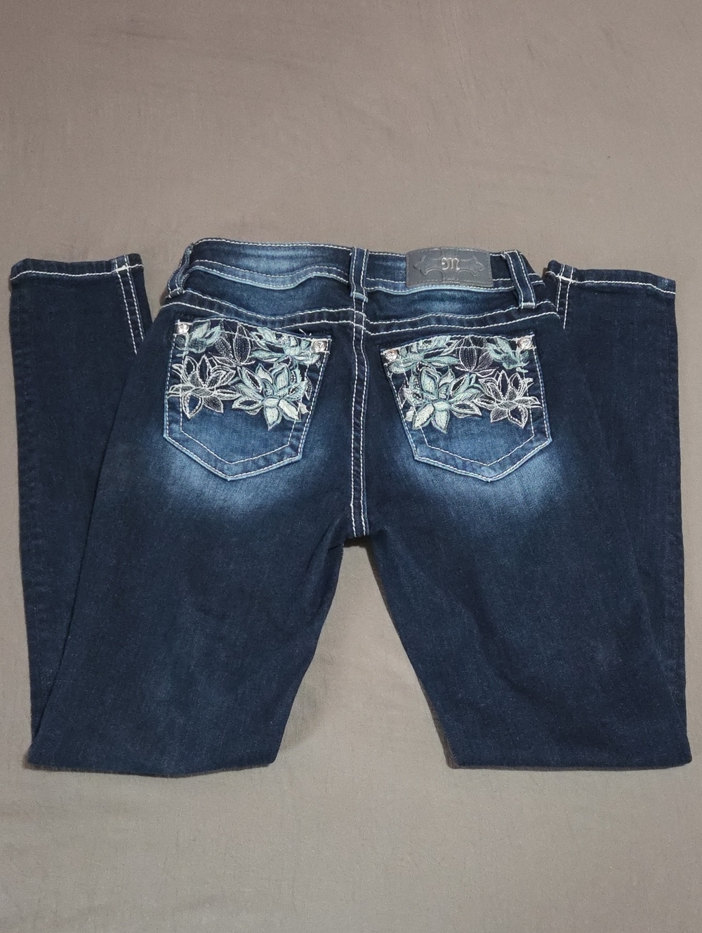 Miss Me Navy Cropped Jeans with Mint Floral Embroidery